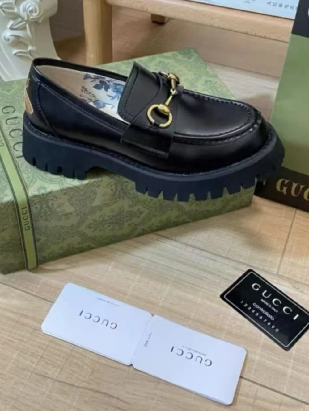 Gucci Black Leather Lug Sole Loafers